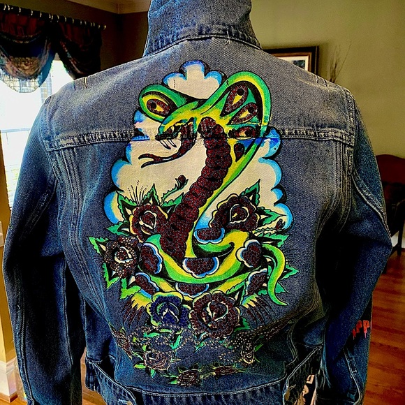 ED HARDY RARE embellished cobra, roses & birds denim jacket - Picture 1 of 16